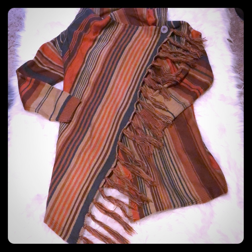 Striped, fringe cardigan/shawl- Sm/med